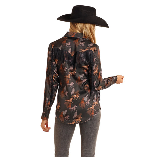 Black Horses Fringed Shirt Size Large