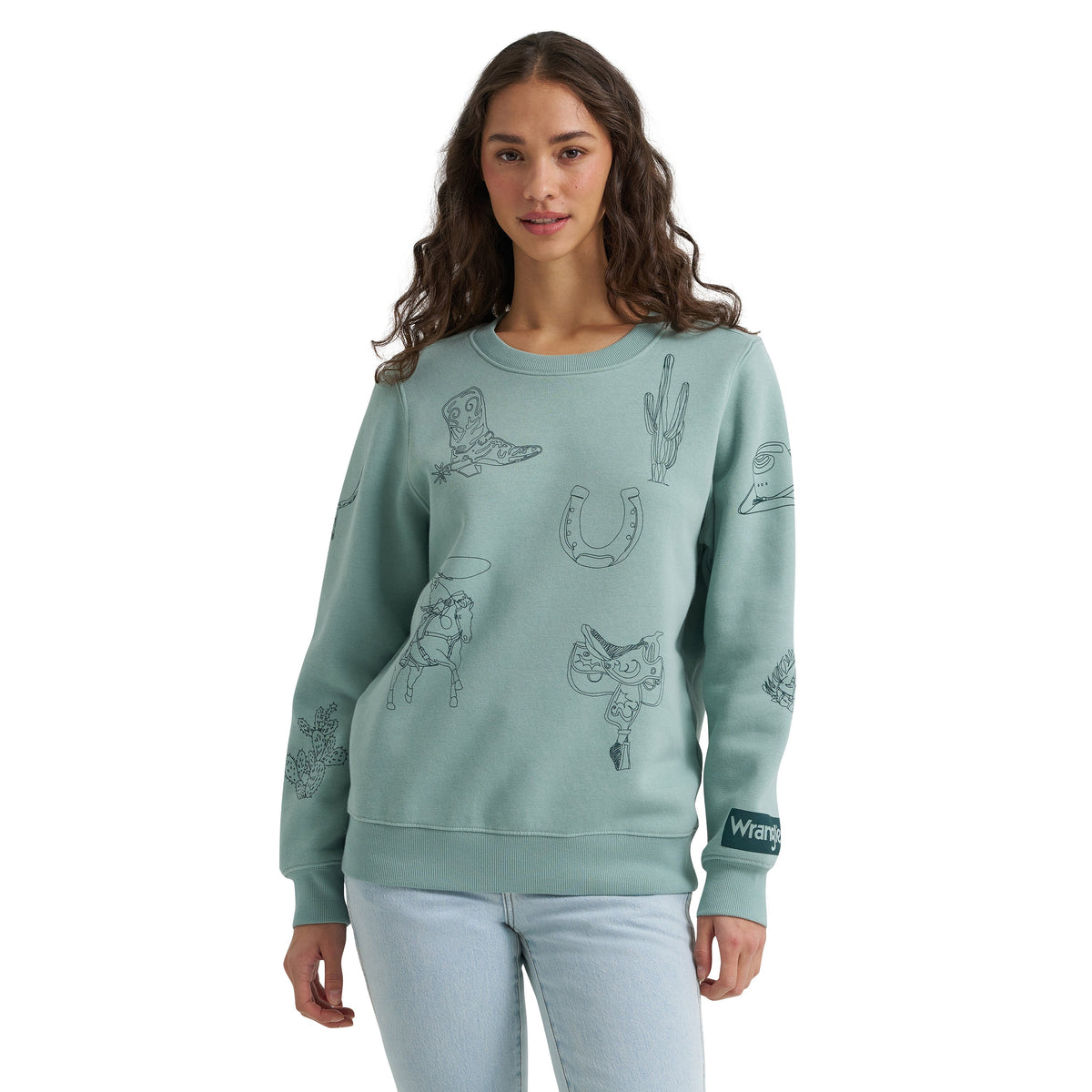 Wrangler Womens Retro Cowboy Theme Sage Green Crew Sweatshirt