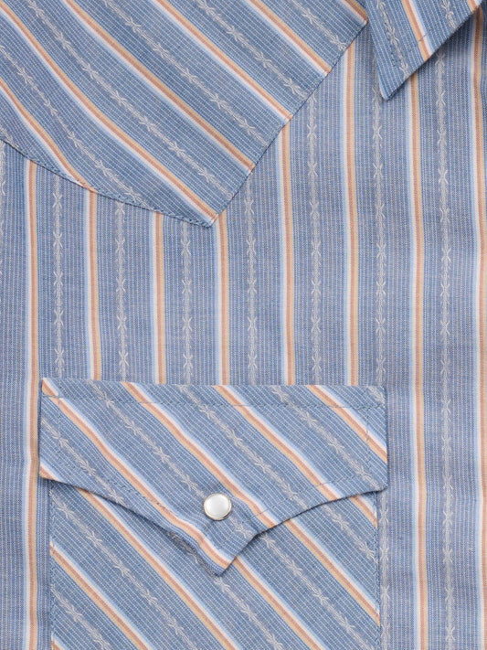 Mens EW Blue Dobby Striped Snap Long Sleeve Shirt