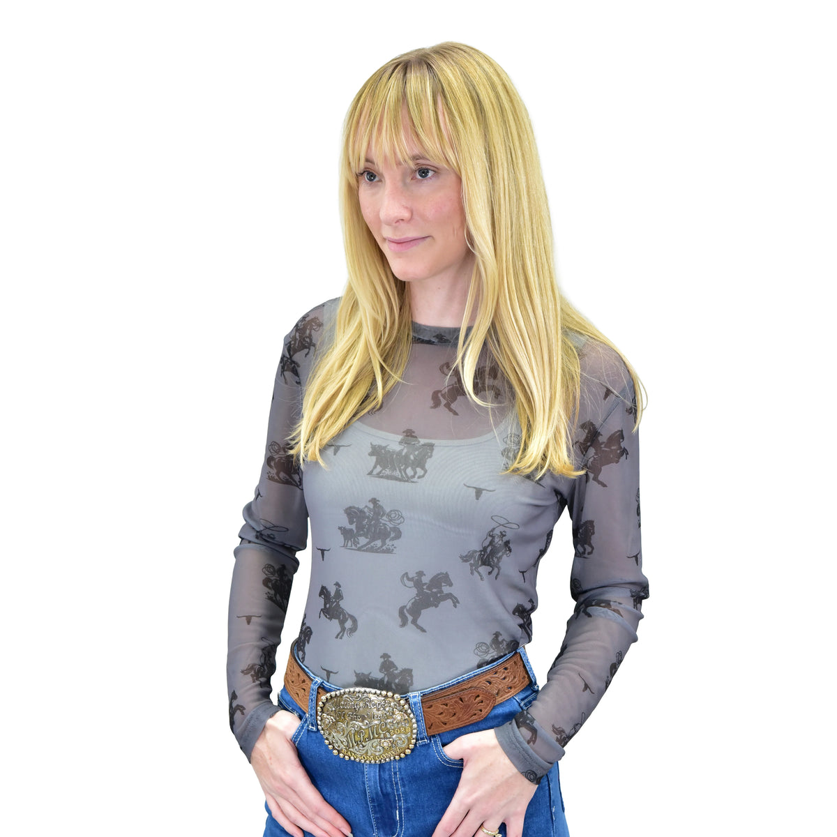 Womens Charcoal Mesh Cowboy Print Long Sleeve Top