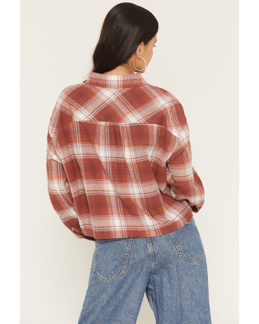 Ely & Walker Womens Rust Plaid Cropped Flannel Shirt