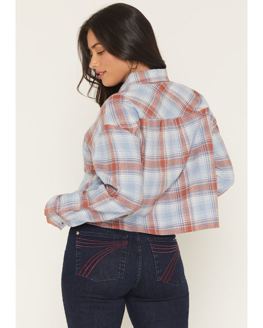 Ely Walker Womens Flannel Cropped Blue Plaid Shirt