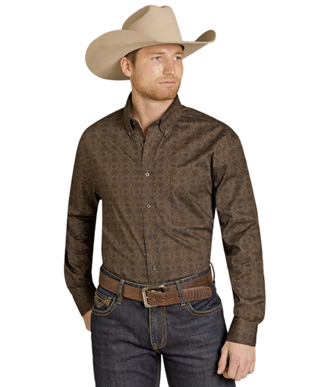 Mens Rock&Roll Denim Dark Brown Medallion Print Shirt