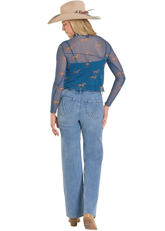Rock & Roll Horse Print Blue Mesh Top