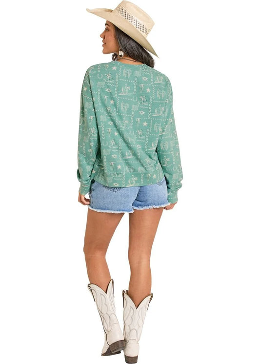 Rock & Roll Green Western Print Crew