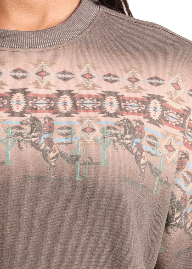 Rock & Roll Cowgirl Light Chocolate Taupe Cowboy Aztec Border Sweatshirt