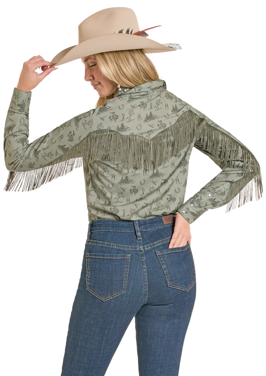 Rock & Roll Cowgirl Green Fringed Snap Shirt