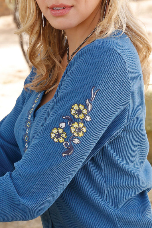 Blue Embroidered Henley Top
