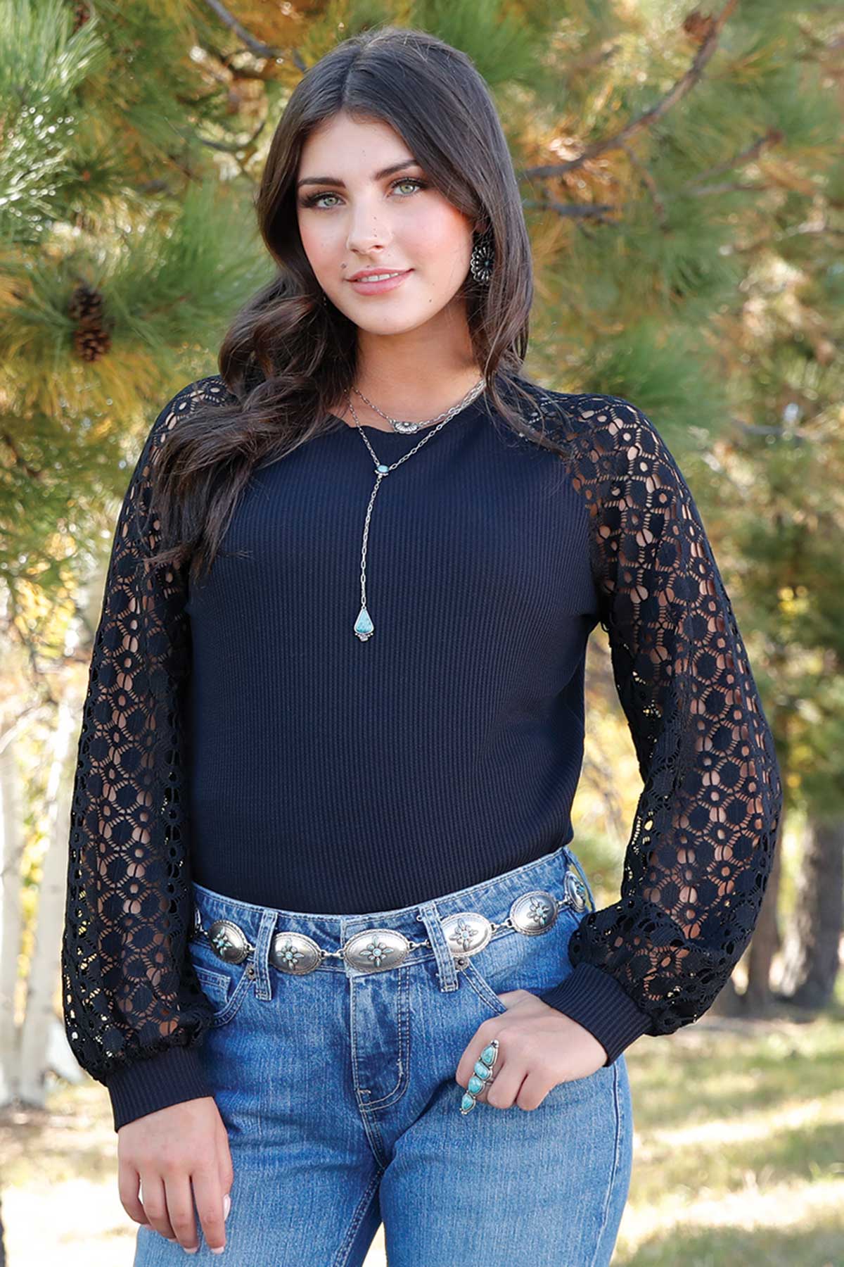 Cruel Denim Black Lace Sleeve Knit Top