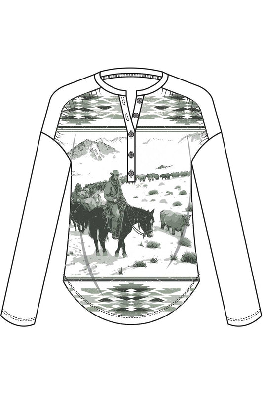 Womens Rib Knit Green /White Cowgirl Graphic Henley