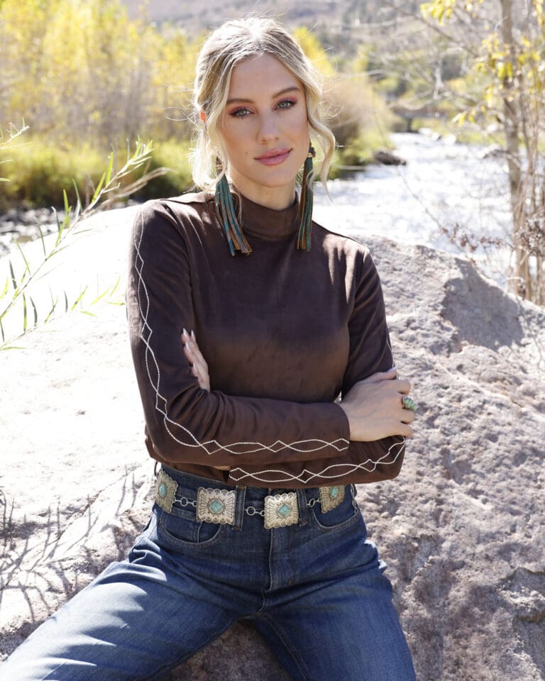 Womens Chocolate Brushed Sueded Polyester Embroidered Sleeve Mock Turtleneck