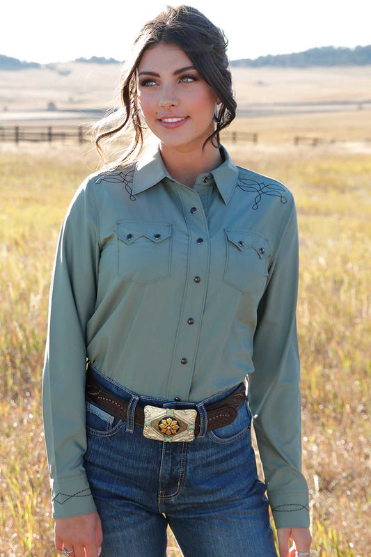 Cinch Womens Sage Green Long Sleeve Snap