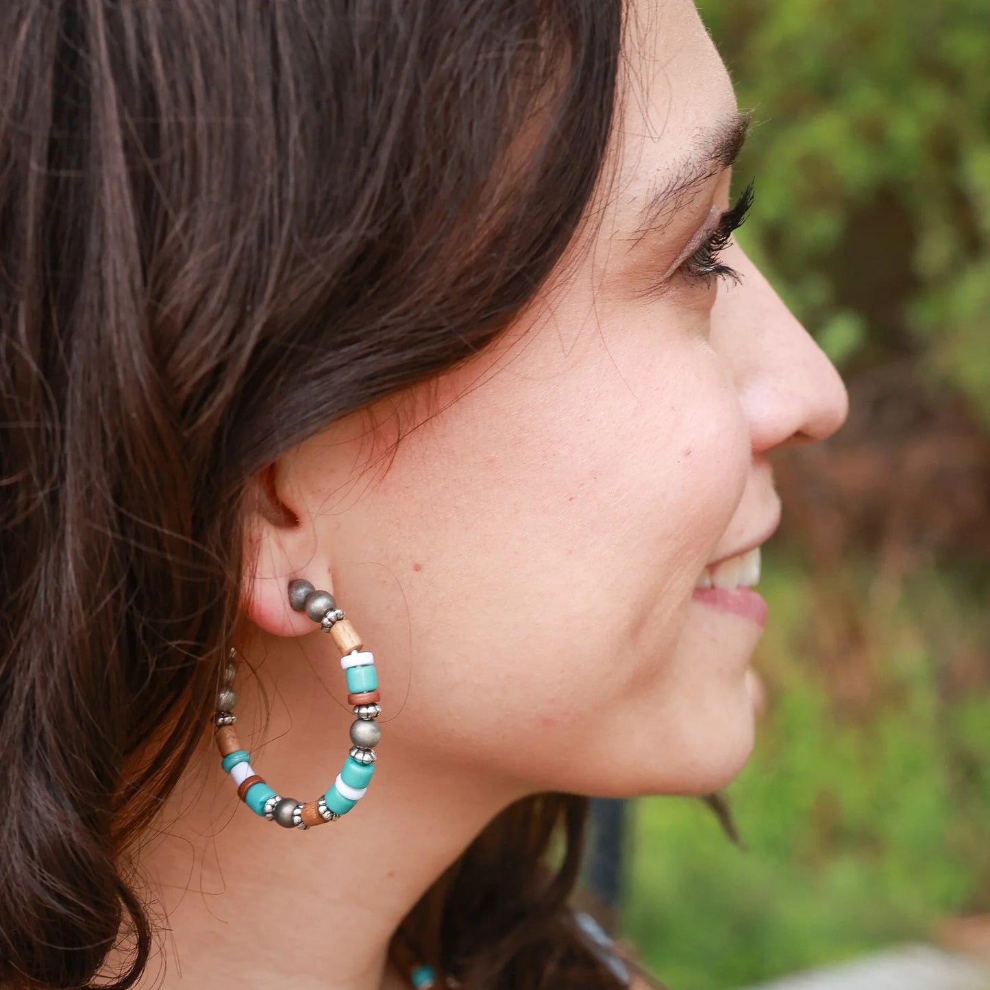 Turquoise stud, beaded hoop and horse earring set