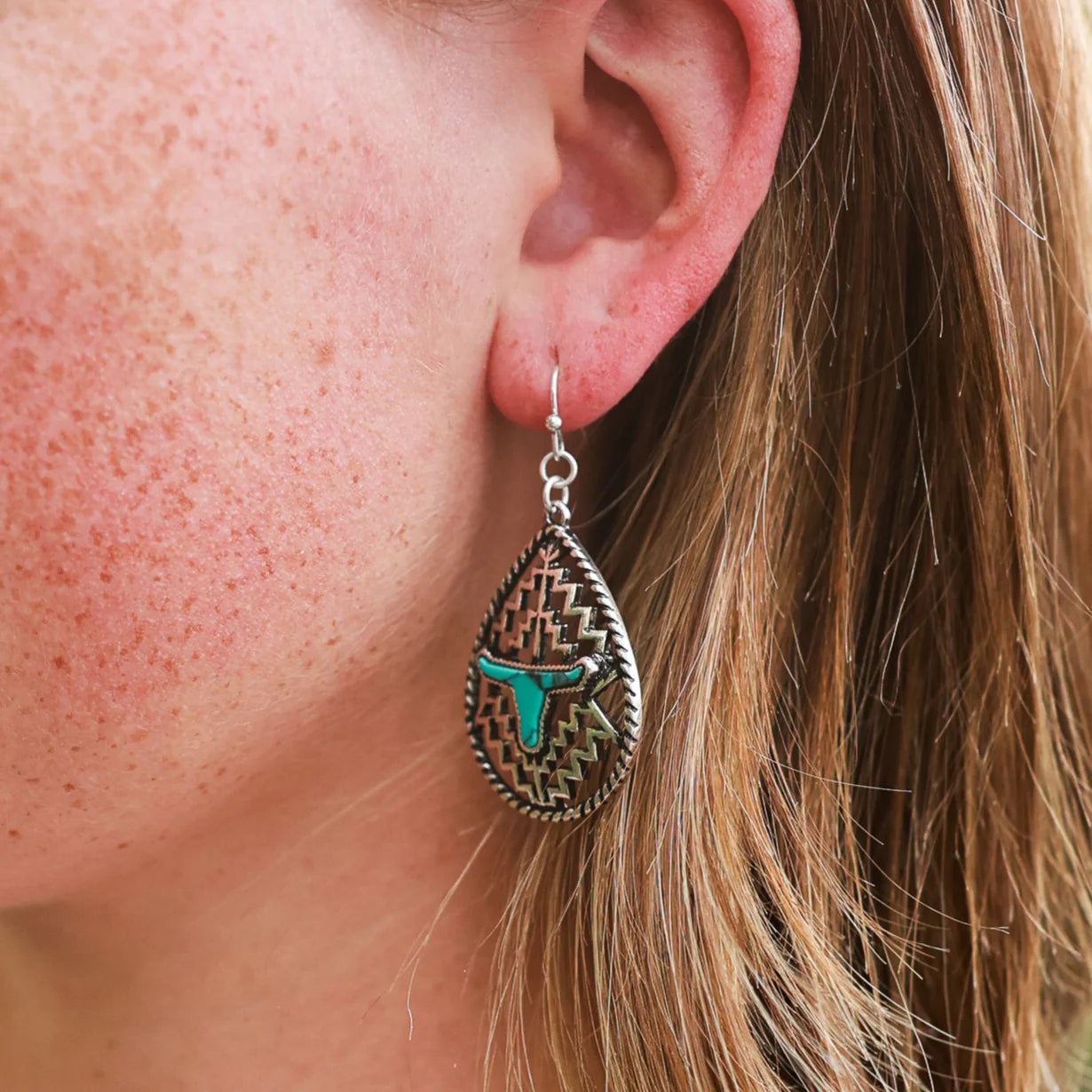 Aztec Tear Drop Steer Earrings