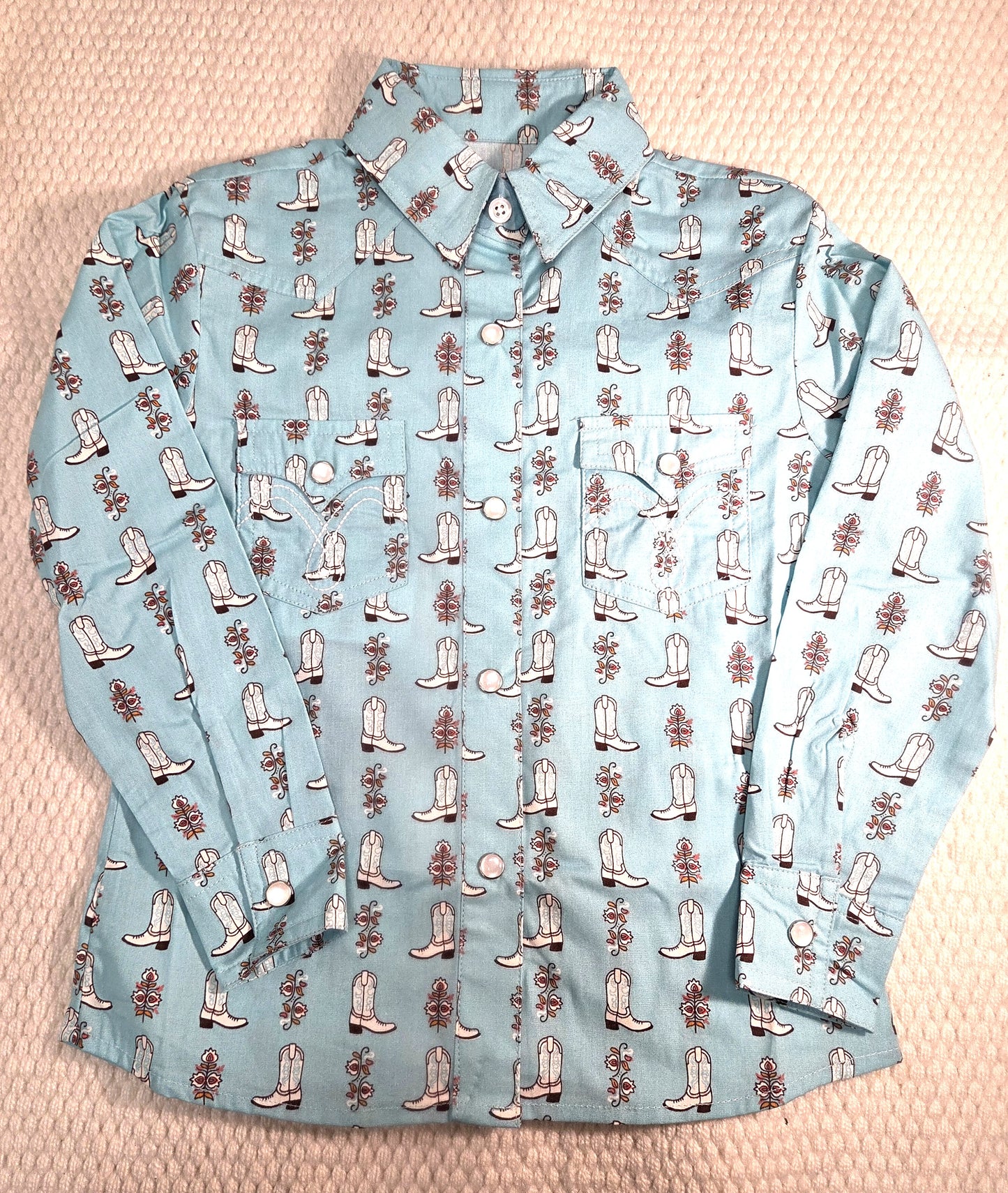 Girls Turquoise Boot Print Snap Shirt