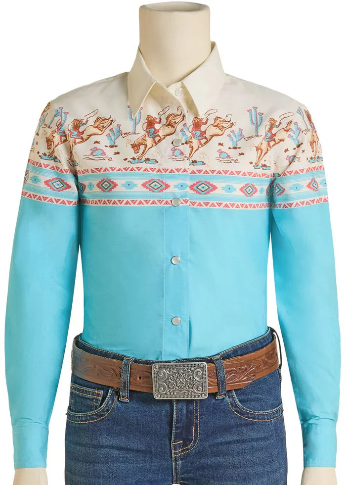 Girls Turquoise Border Print Snap Shirt