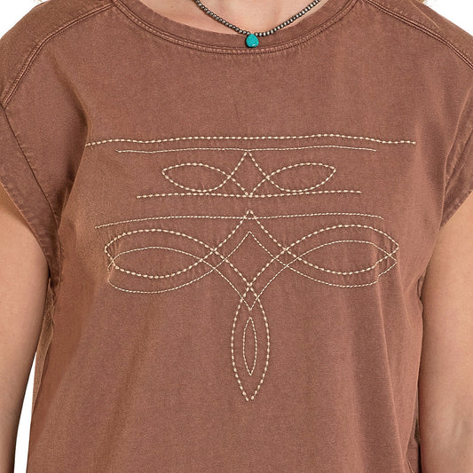 Womens Bootstitched Embroidery Rust Jersey Tee