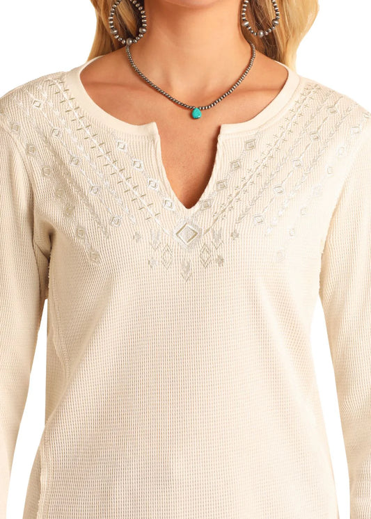 Waffle Weave Embroidered Cream Top