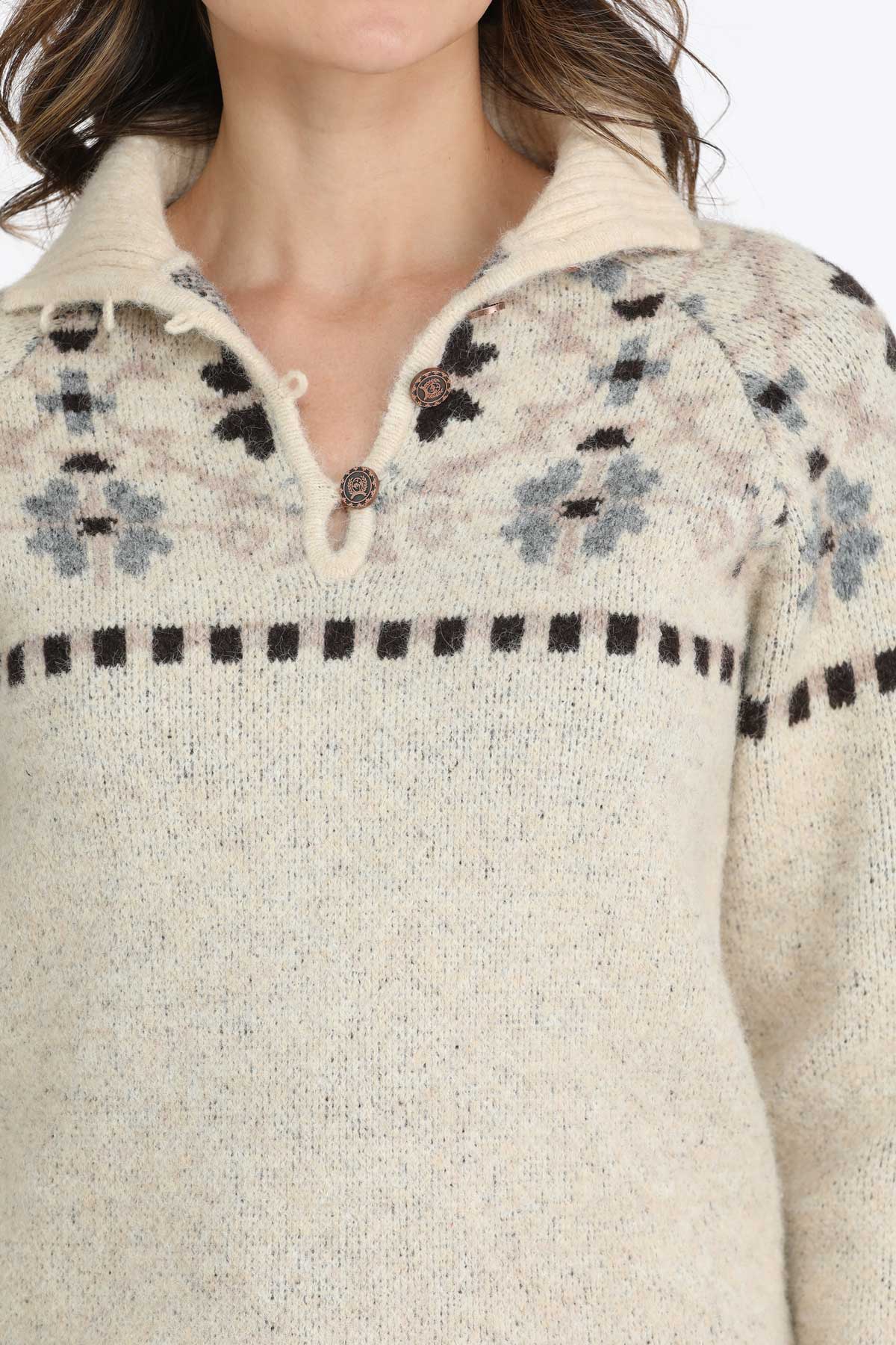 Womens Cream/blue/brown Patterned Yoke Mock Neck Sweater