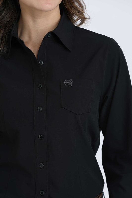 Womens Cinch Arenaflex Black Long-Sleeve Button Closure