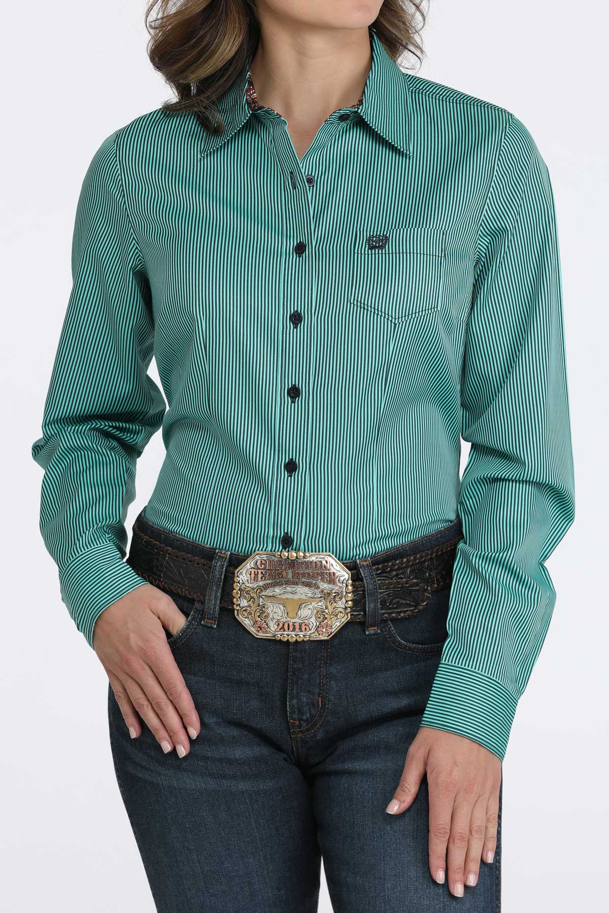Cinch Womens Turquoise/Navy Stripe Tencel Button Shirt