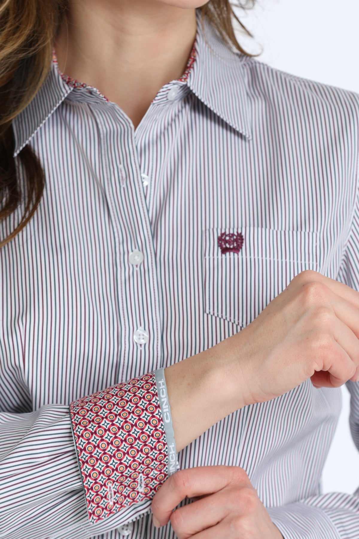 Womens Cinch pinstripe burgundy/gray/white Shirt
