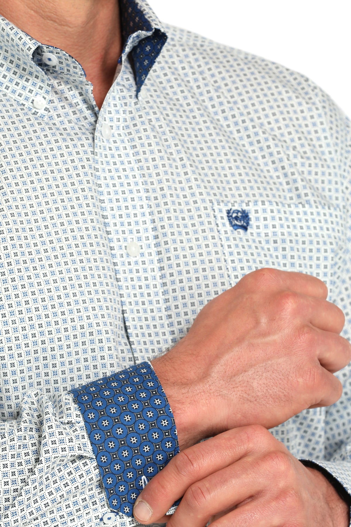 Mens Cinch Classic White with blue geometric print shirt