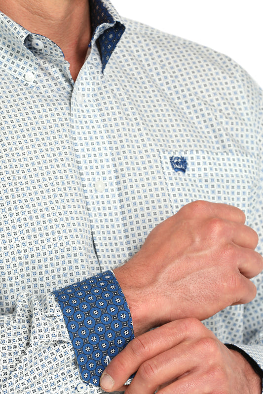 Mens Cinch Classic White with blue geometric print shirt