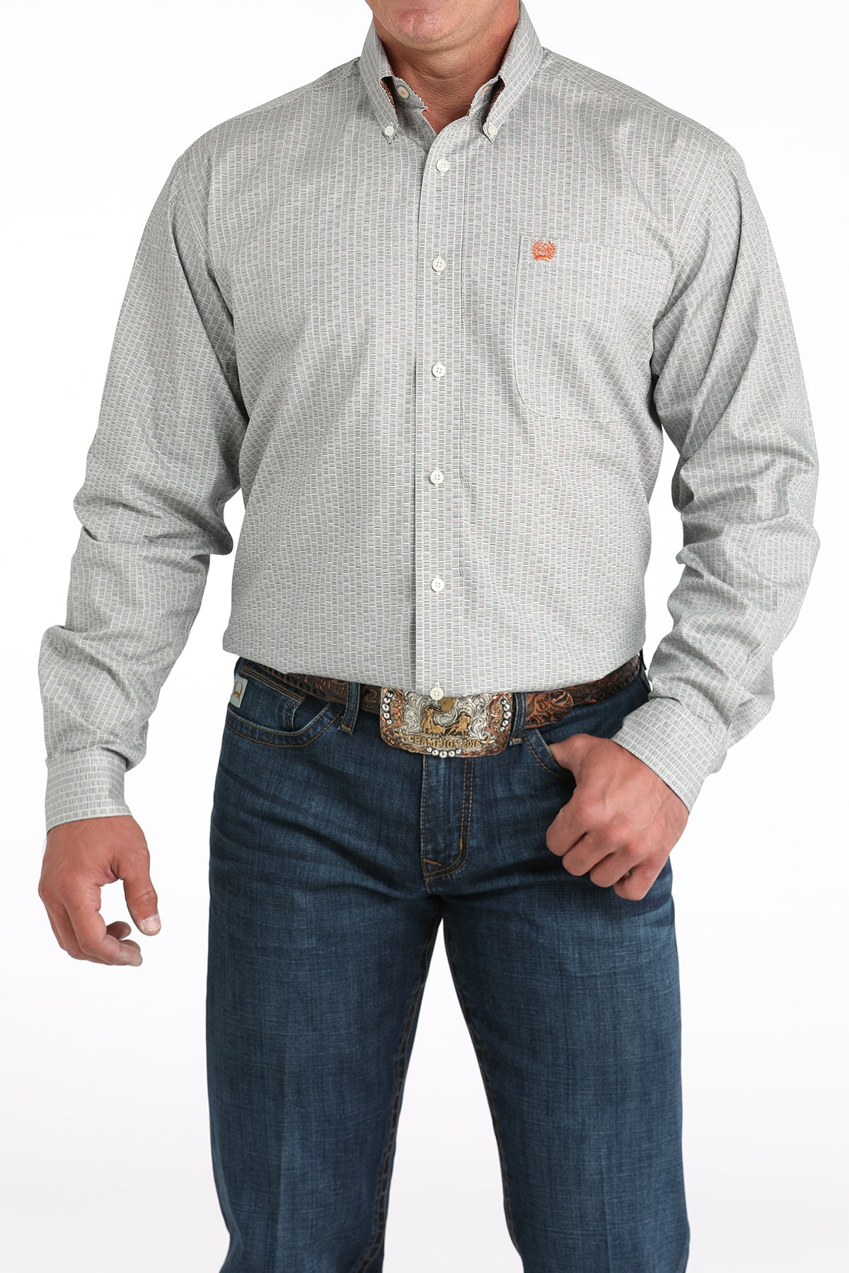 Mens Cinch Grey Long-Sleeve Print Buttondown