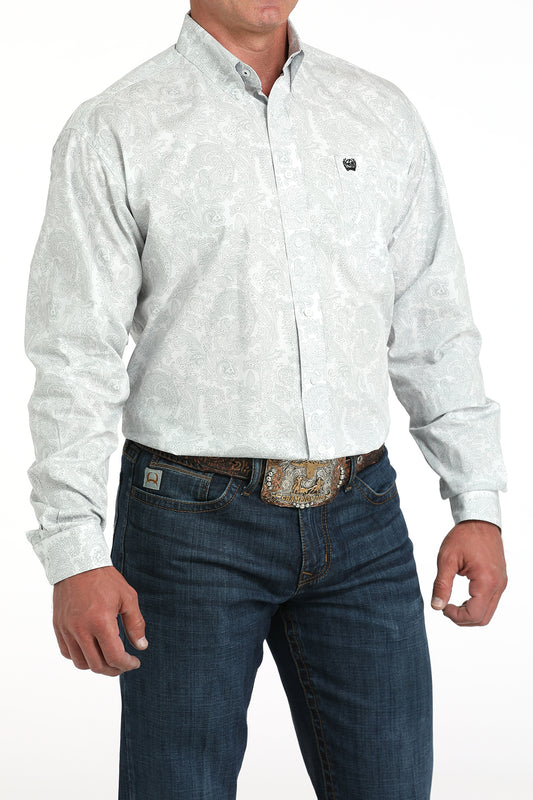 Mens Cinch Classic Fit Gray on White Paisley Print Shirt