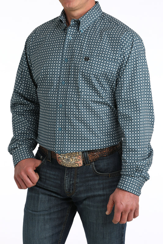Cinch Mens Teal/White/Black Geometric Print Shirt