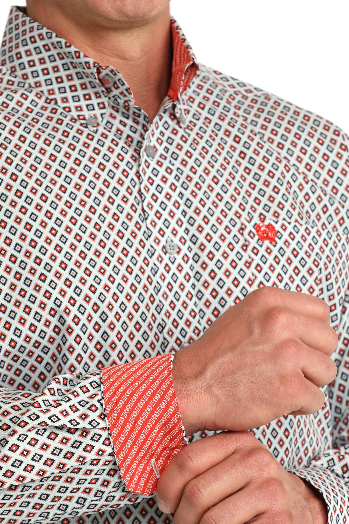 Cinch Mens Classic Fit Orange/Black/Grey Geometric Print Shirt
