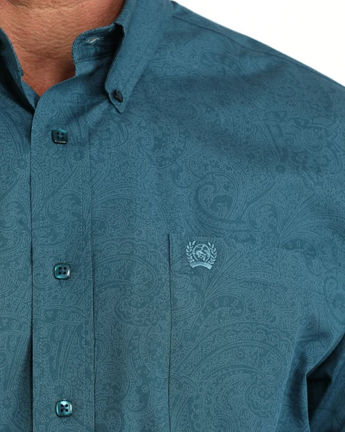 Mens Cinch Classic Fit Buttondown Teal Tone-on-Tone Paisley Shirt