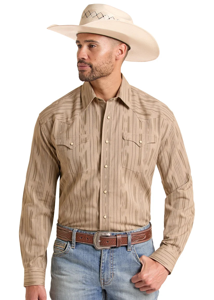 Mens Panhandle Slim Taupe Vertical Stripe Snap Shirt