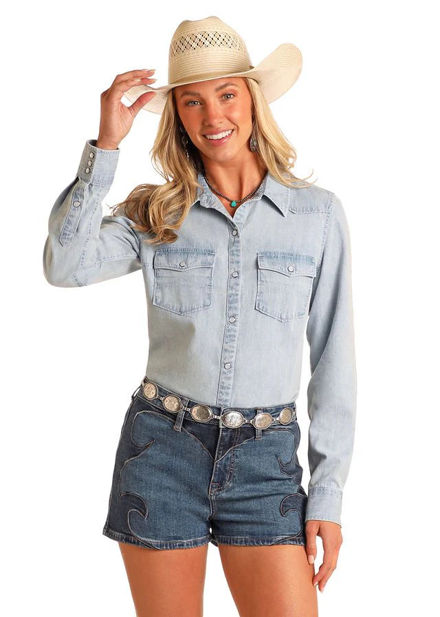 Womens Rock & Roll Faded Denim Snap