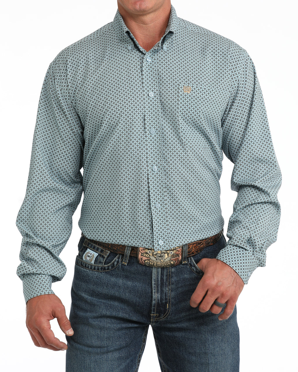 Mens Cinch Arenaflex Long-Sleeve Light Blue Buttondown Shirt