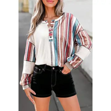 Serape and Cream Waffle Weave Henley Long Sleeve Knit