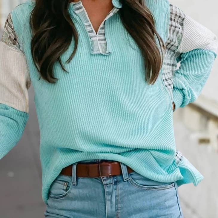 Turquoise & Plaid color block Ribbed Long-Sleeve