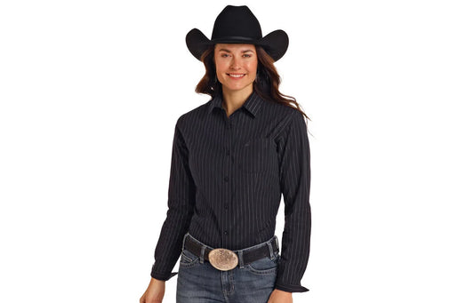 Black Metallic Pinstripe Button Shirt