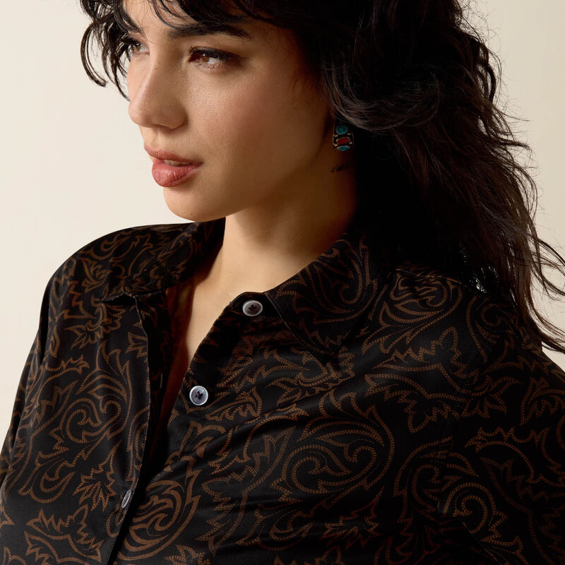Ariat Womens Long Sleeve Black/Brown Allover Bootstitch print shirt