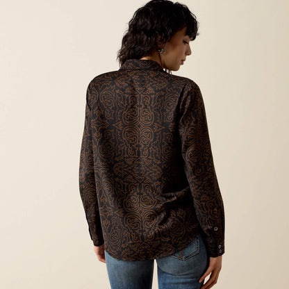 Ariat Womens Long Sleeve Black/Brown Allover Bootstitch print shirt