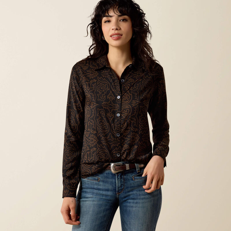 Ariat Womens Long Sleeve Black/Brown Allover Bootstitch print shirt