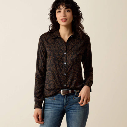 Ariat Womens Long Sleeve Black/Brown Allover Bootstitch print shirt