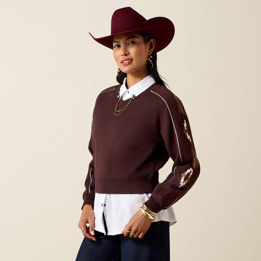 Ariat Womens Chocolate Plum Embroidered Sleeve Sweatshirt