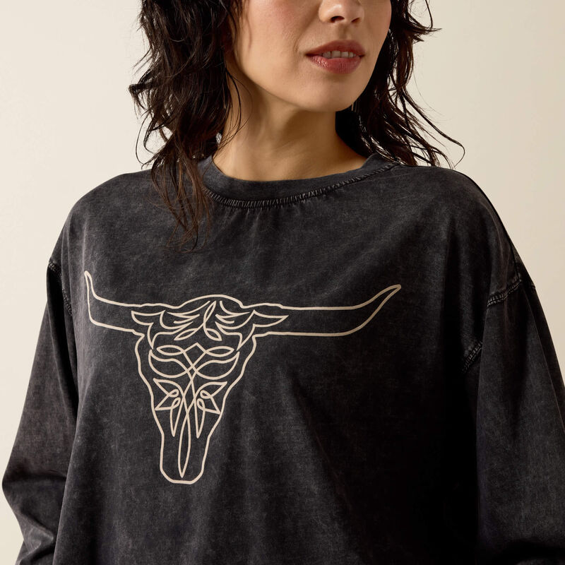 Womens Ariat Long-Sleeved Black Mineral Wash Steer Story Tee Shirt