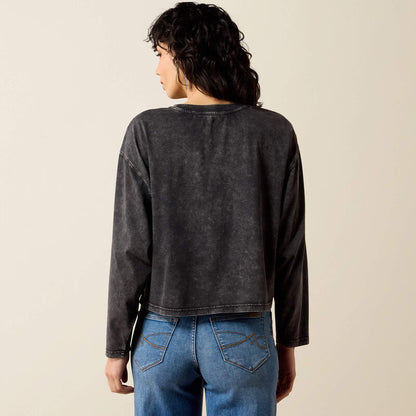 Womens Ariat Long-Sleeved Black Mineral Wash Steer Story Tee Shirt