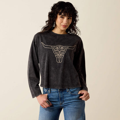 Womens Ariat Long-Sleeved Black Mineral Wash Steer Story Tee Shirt