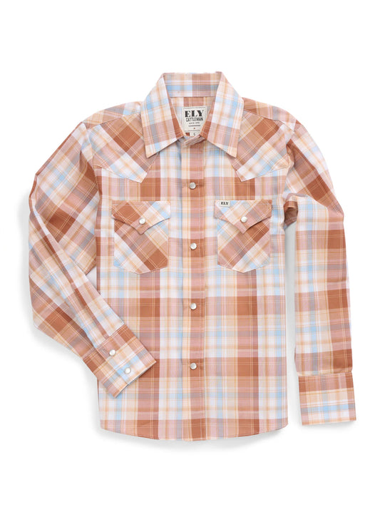 Ely Walker Mens Brown/Blue Plaid Snap