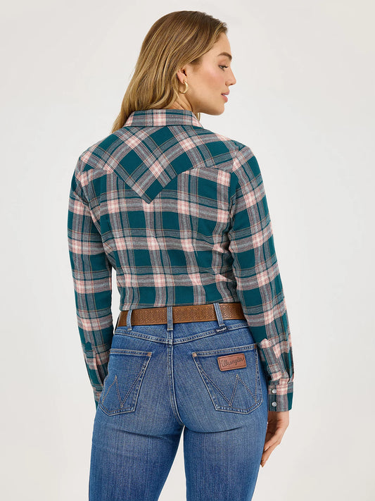 Womens Wrangler Green Plaid Flannel Snap Shirt