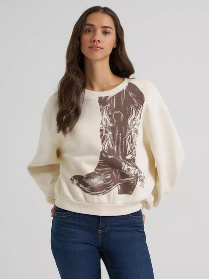 Womens Wrangler Natural Crew Neck Cowboy Boot Sweatshirt